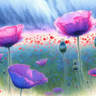 Pink poppies field under soft sunlit sky with delicate petals and unopened buds.