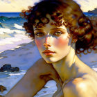 Woman's Portrait with Blue Eyes & Brown Hair on Serene Beach Background