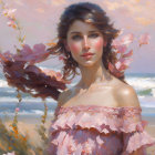 Portrait of a Woman in Pink Floral Dress with Wavy Brown Hair