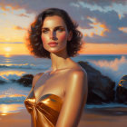 Woman in Gold Dress by Sea at Sunset with Waves Crashing
