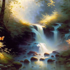 Tranquil forest waterfall with butterfly, rocks, and lush greenery