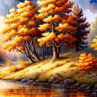 Tranquil autumn scene with golden trees reflected in calm lake