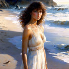 Woman in flowing dress on beach with waves, rocks, and seagulls in background