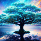 Colorful artwork: Glowing blue tree, starry sky, nebula, tranquil lake