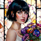 Portrait of Woman with Short Black Hair and Striking Eyes Against Colorful Stained Glass Background Holding Bou