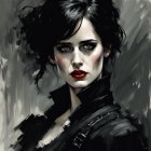 Digital painting of intense woman with dark hair and red lipstick in gothic attire