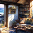 Seaside cottage interior with plush sofa and bookshelves