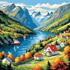 Scenic fjord with colorful trees, mountains, houses, and boats