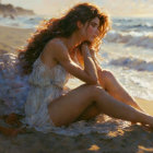 Woman Contemplating on Beach with Waves and Sunlit Hair