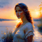 Serene woman standing by lake at sunset with radiant glow