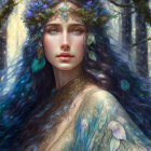 Mystical female figure with blue flowing hair in enchanted forest