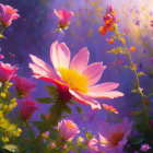 Colorful pink and yellow blossoms in a soft purple garden setting