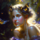 Portrait of woman with luminescent butterflies, sparkling lights, and matching jewelry in mystical setting