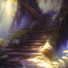 Enchanted forest scene with moss-covered staircase, sunlight, sparkles, butterflies, and waterfall.