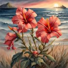 Colorful hibiscus flowers against ocean sunset with boat and islands