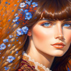 Portrait of Woman with Auburn Hair and Blue Flowers on Warm Orange Background