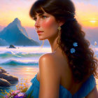 Pensive woman with long, wavy hair by sunset sea and mountains