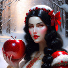 Pale-skinned woman with red floral crown holding apple in snowy forest setting