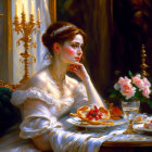 Luxurious setting with regal woman, roses, candle, strawberries, waffles