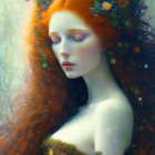 Surreal portrait of woman with radiant red hair and closed eyes