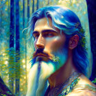 Man with Blue-Tinted Hair and Beard in Forest Setting with Leafy Accessories