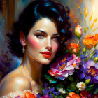 Portrait of Woman with Dark Hair Among Colorful Flowers and Candlelight