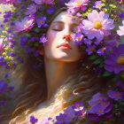 Serene woman in vibrant purple and pink flower setting