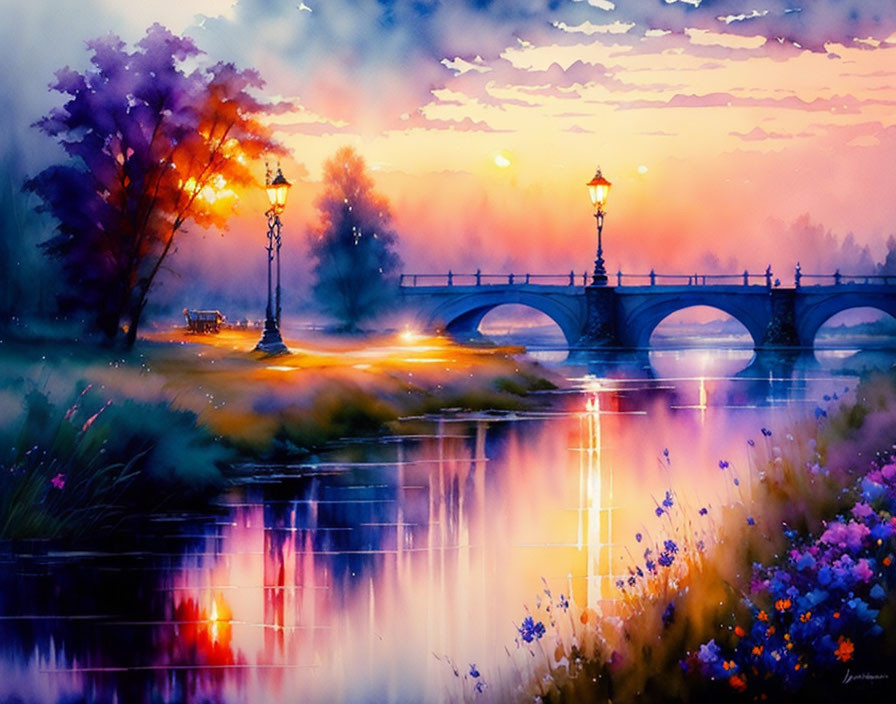 Colorful sunset painting with bridge, street lamps, and foliage