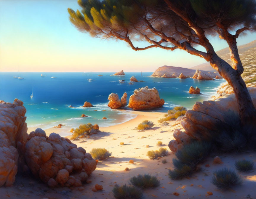 Tranquil beach landscape with blue sky, calm sea, boats, sandy shore, rocks, and