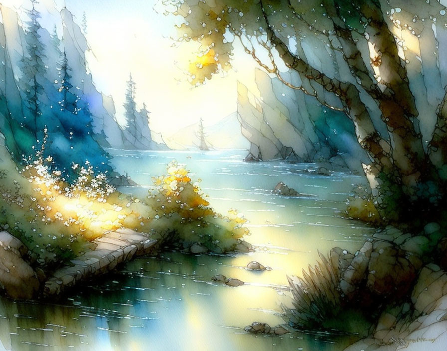 Tranquil watercolor landscape of serene river with dappled sunlight through trees