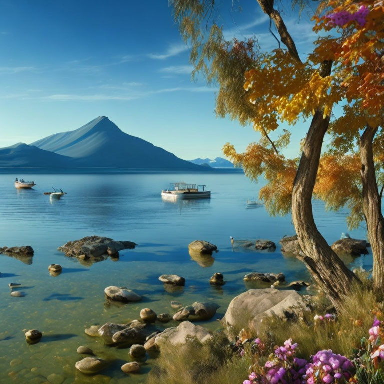 Scenic lake with boats, mountains, and colorful foliage