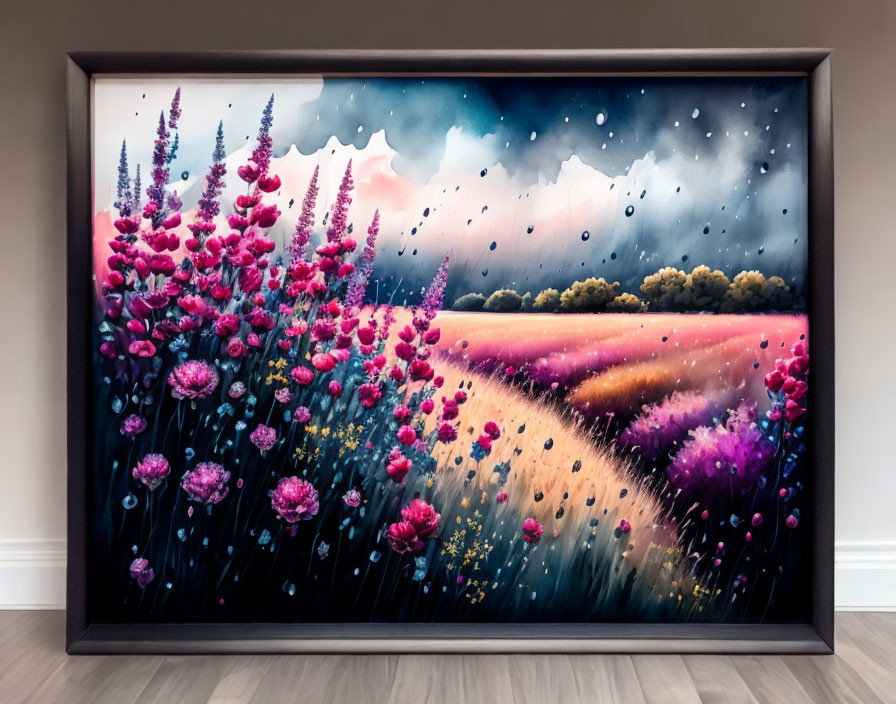 Framed painting of vibrant landscape with purple flowers under dramatic sky