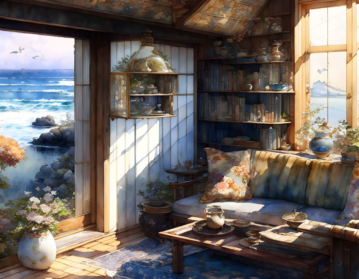 Seaside cottage interior with plush sofa and bookshelves