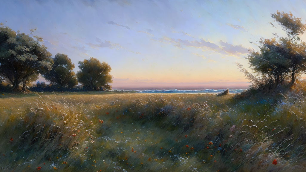 Tranquil dusk landscape with golden meadow, wildflowers, trees, and sea.