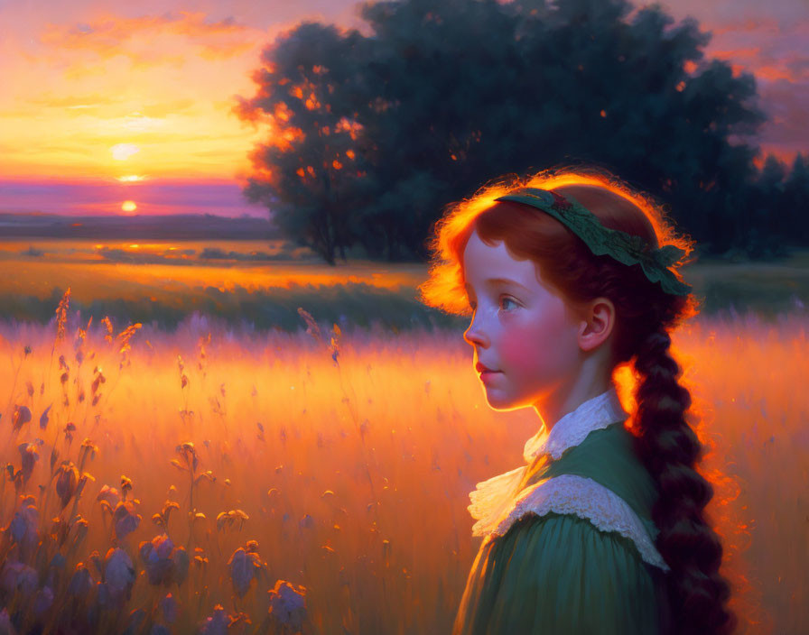 Young girl with braided hair and green dress in sunset field portrait.