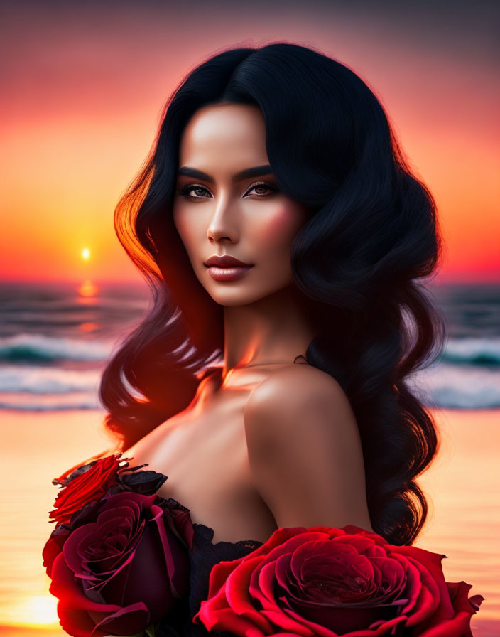 Woman with Long Wavy Hair Holding Red Roses on Sunset Beach