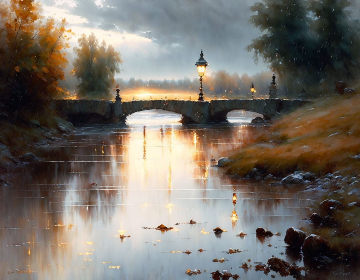 Stone bridge over tranquil river at dawn or dusk with lamp post and autumn trees