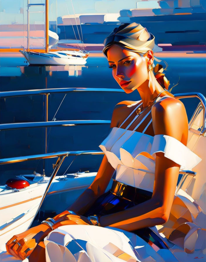 Illustration of woman by harbor with yachts in blue and orange tones