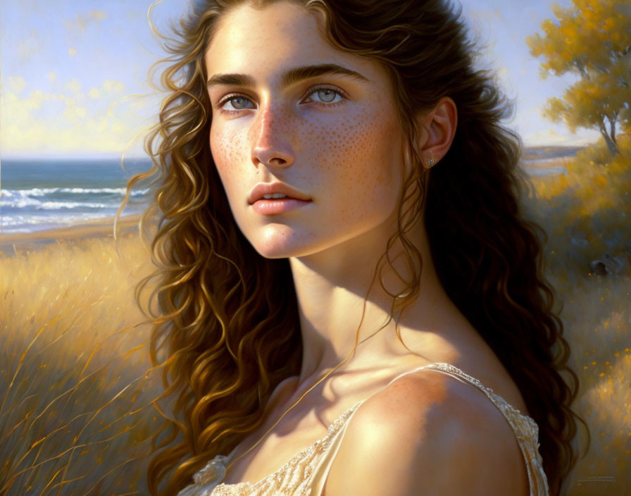 Realistic painting of young woman with curly hair and freckles by serene beach.