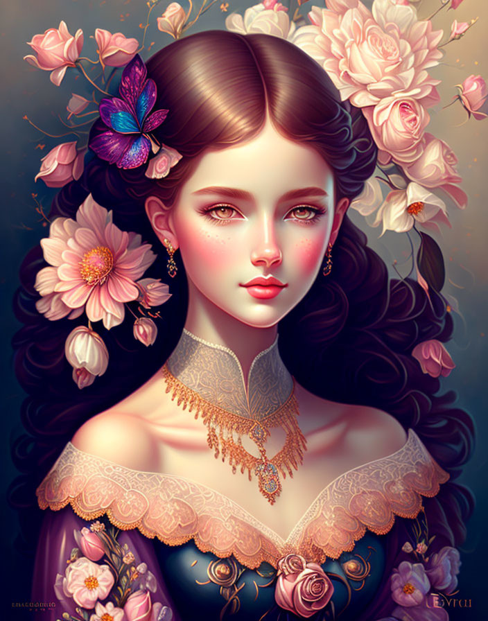 Detailed illustration of woman with dark hair, pink flowers, blue butterfly, purple dress.