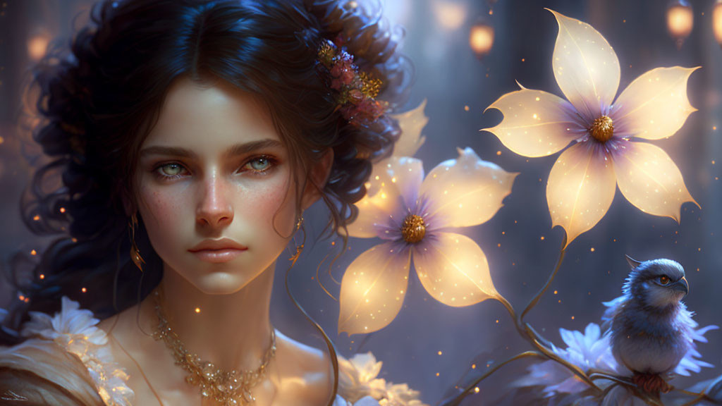 Digital artwork: Woman with blue eyes and curly brown hair in a floral setting with a bird.