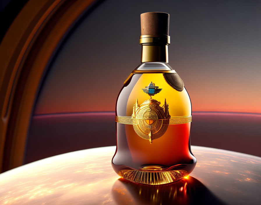 Cognac bottle with ship and compass design in sunset view