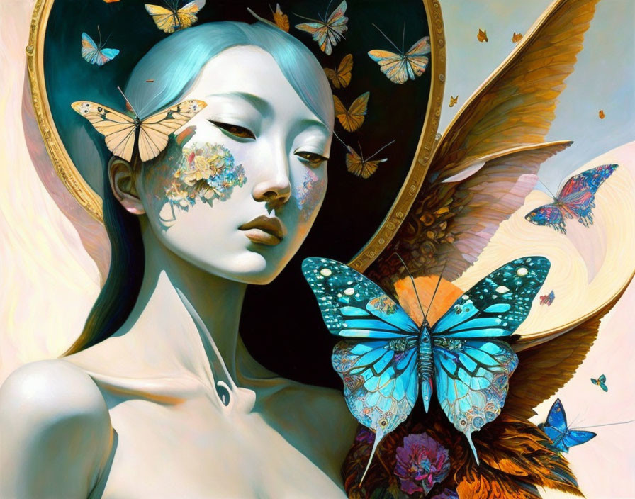 Woman with butterfly face and shoulder, large wings, serene mythical atmosphere