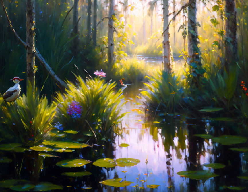 Tranquil forest scene with reflective waterway and bird in sunlight