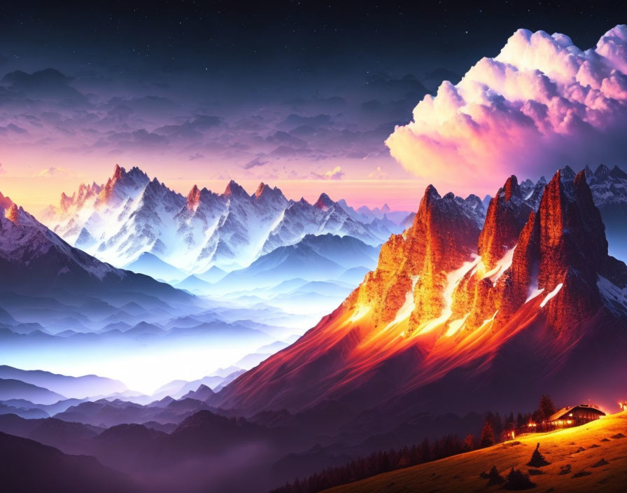 Volcanic eruptions on snow-capped mountains with serene cabin in vivid landscape