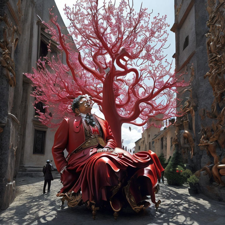 Elaborate red costume with tree-like headdress in narrow street.