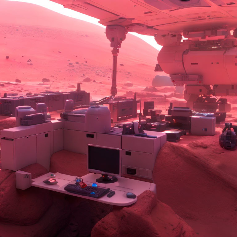 Modular Mars base with hovering vehicle under red sky