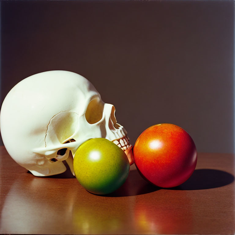 Human Skull Replica with Green and Red Apples on Table