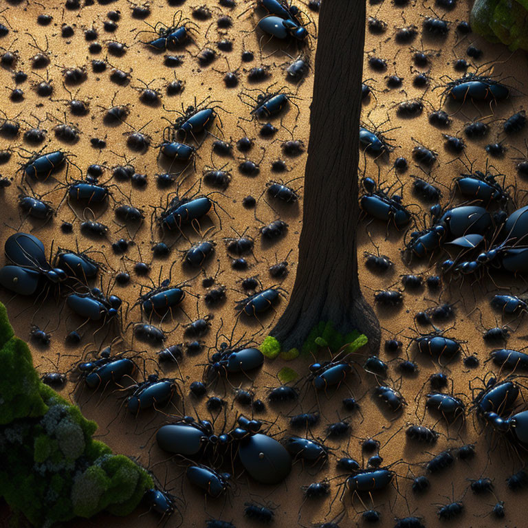 Glossy black beetles swarm around tree base on sandy soil