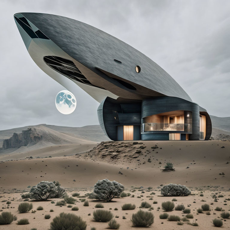 Futuristic spaceship-like building in desert night scene